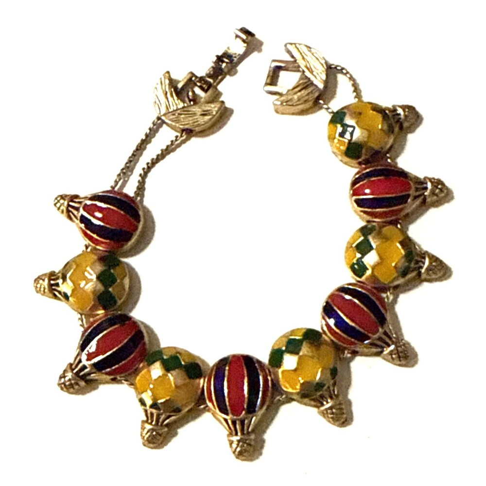 Vintage Enamel Hot Air Balloon Charm Bracelet Gold Tone Multicolor Statement 7.5